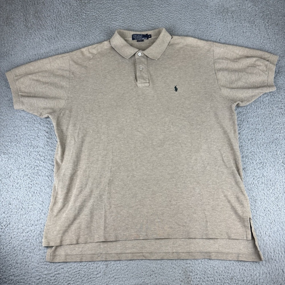 Polo Ralph Lauren Men XL Beige Heathered Short Sleeve Classic Fit Polo Shirt Vtg